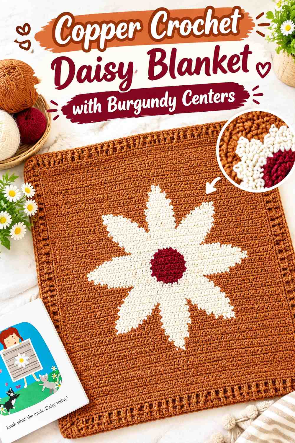 4. Copper Crochet Daisy Blanket With Burgundy Centers