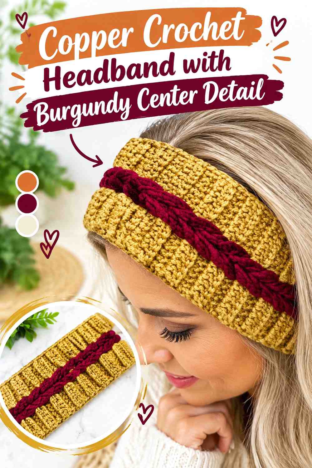 17. Copper Crochet Headband With Burgundy Center Detail