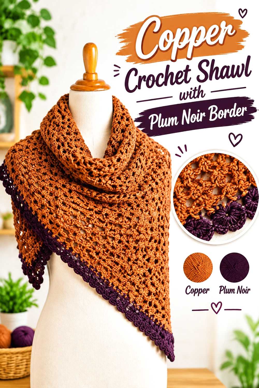 9. Copper Crochet Shawl With Plum Noir Border