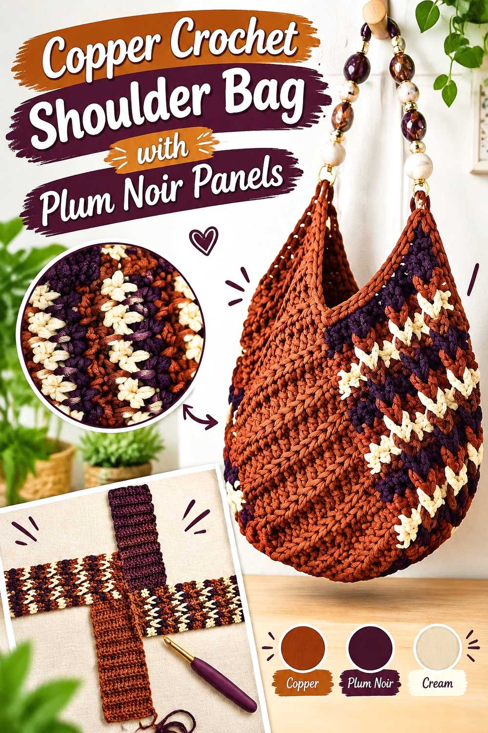 7. Copper Crochet Shoulder Bag With Plum Noir Panels