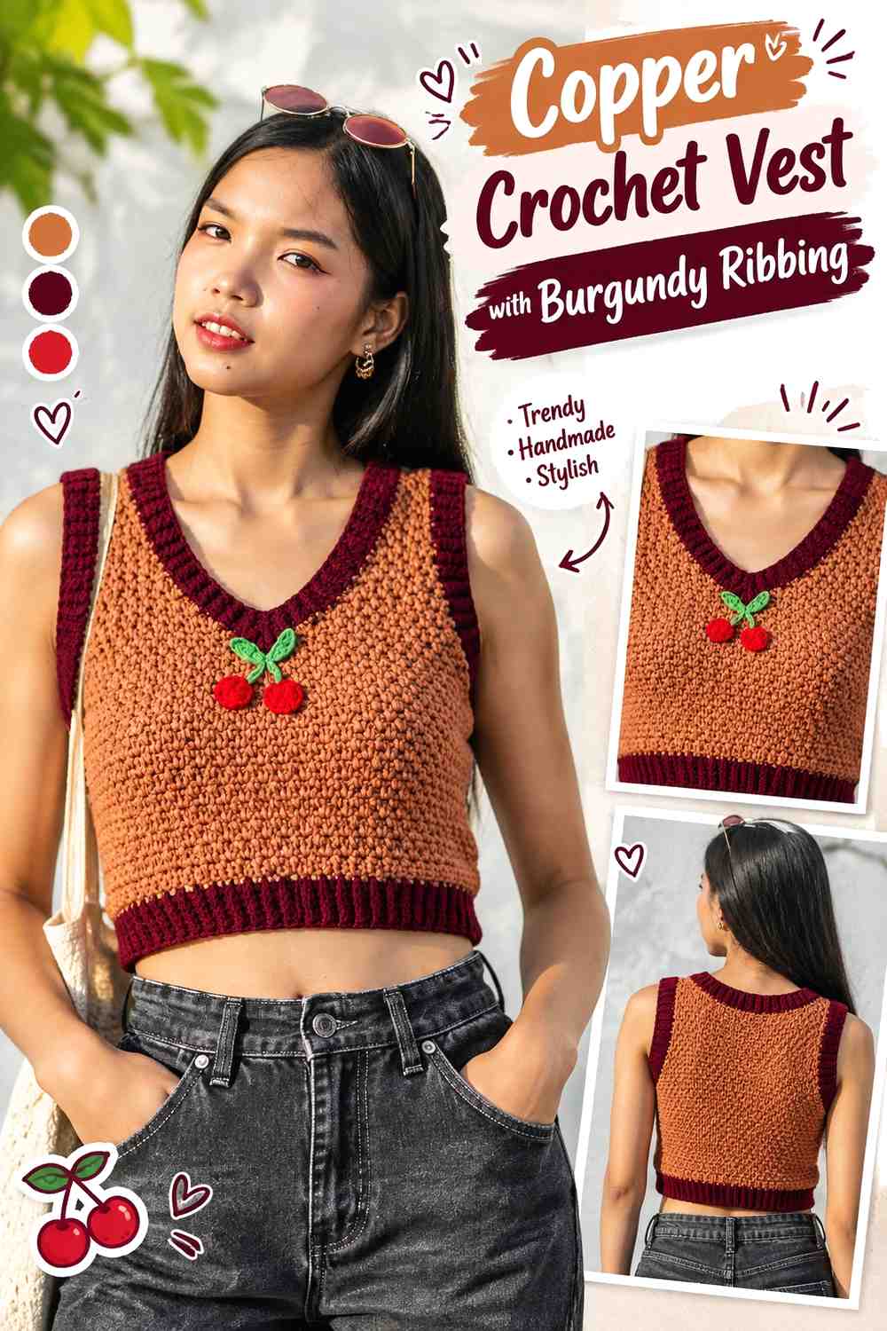 12. Copper Crochet Vest With Burgundy Ribbing