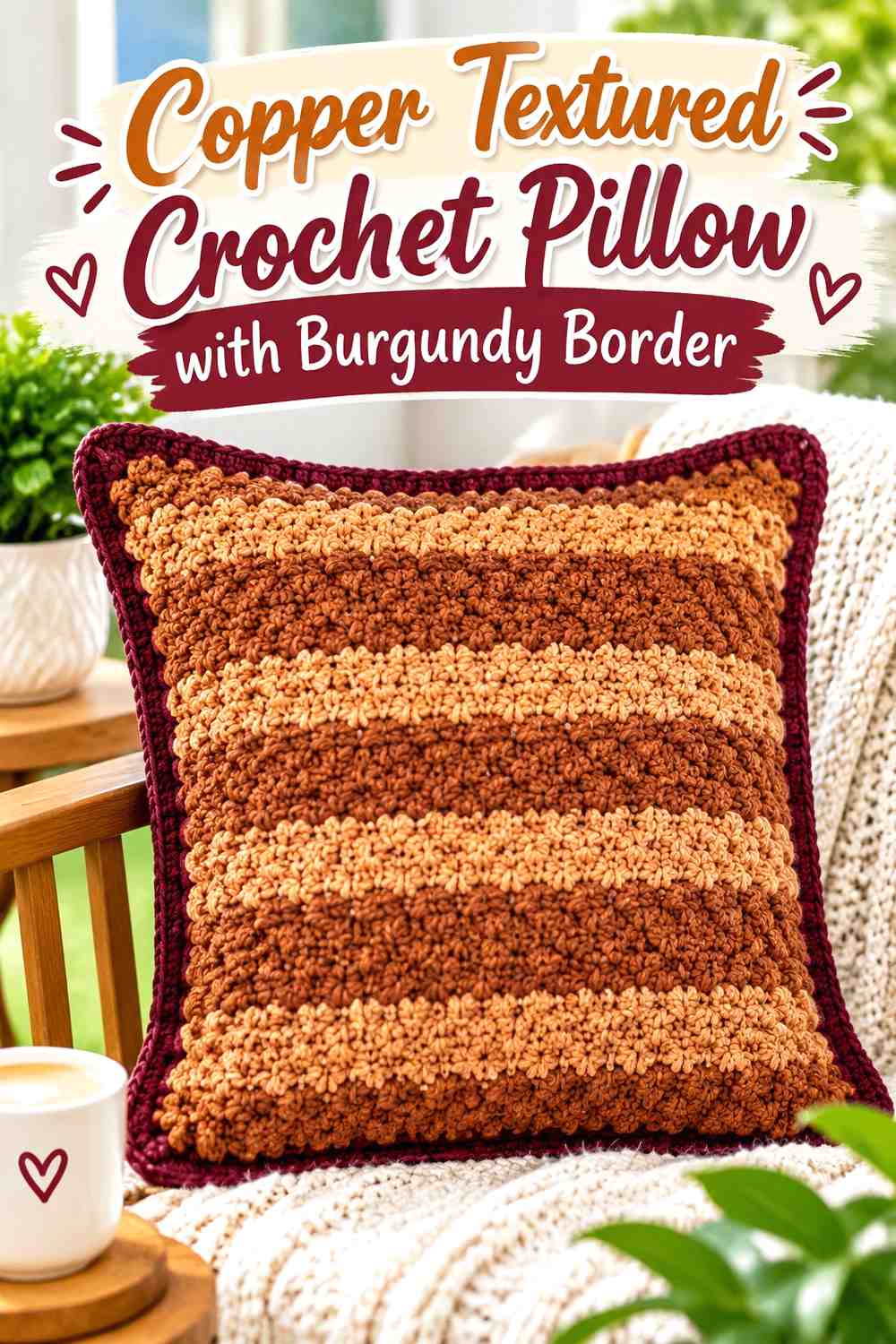 9. Copper Textured Crochet Pillow With Burgundy Border