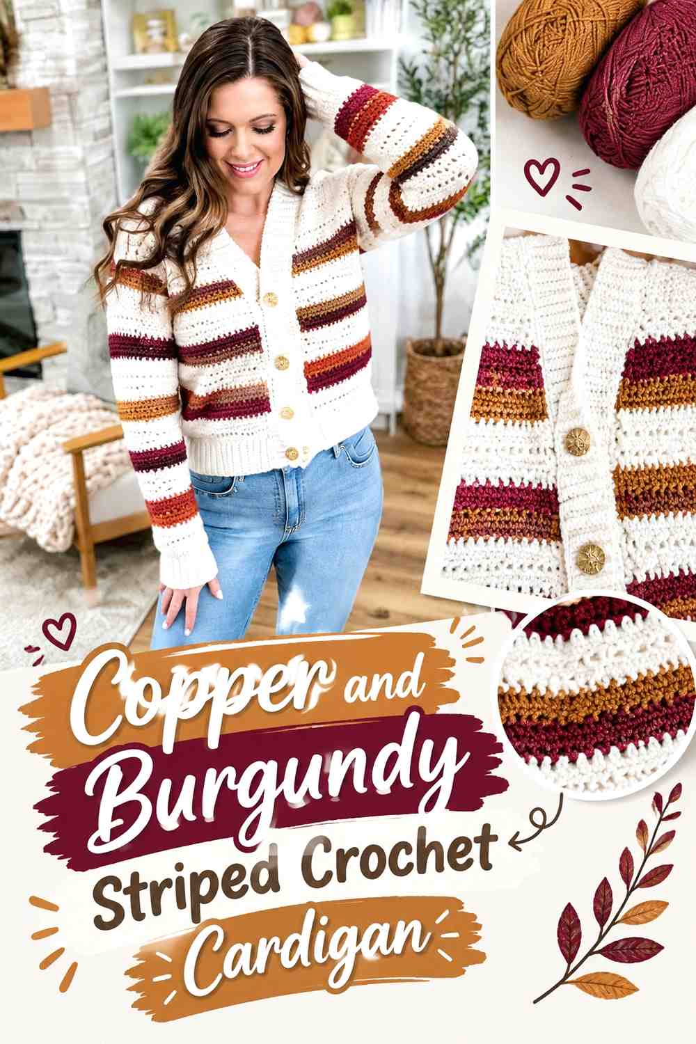 2. Copper And Burgundy Striped Crochet Cardigan