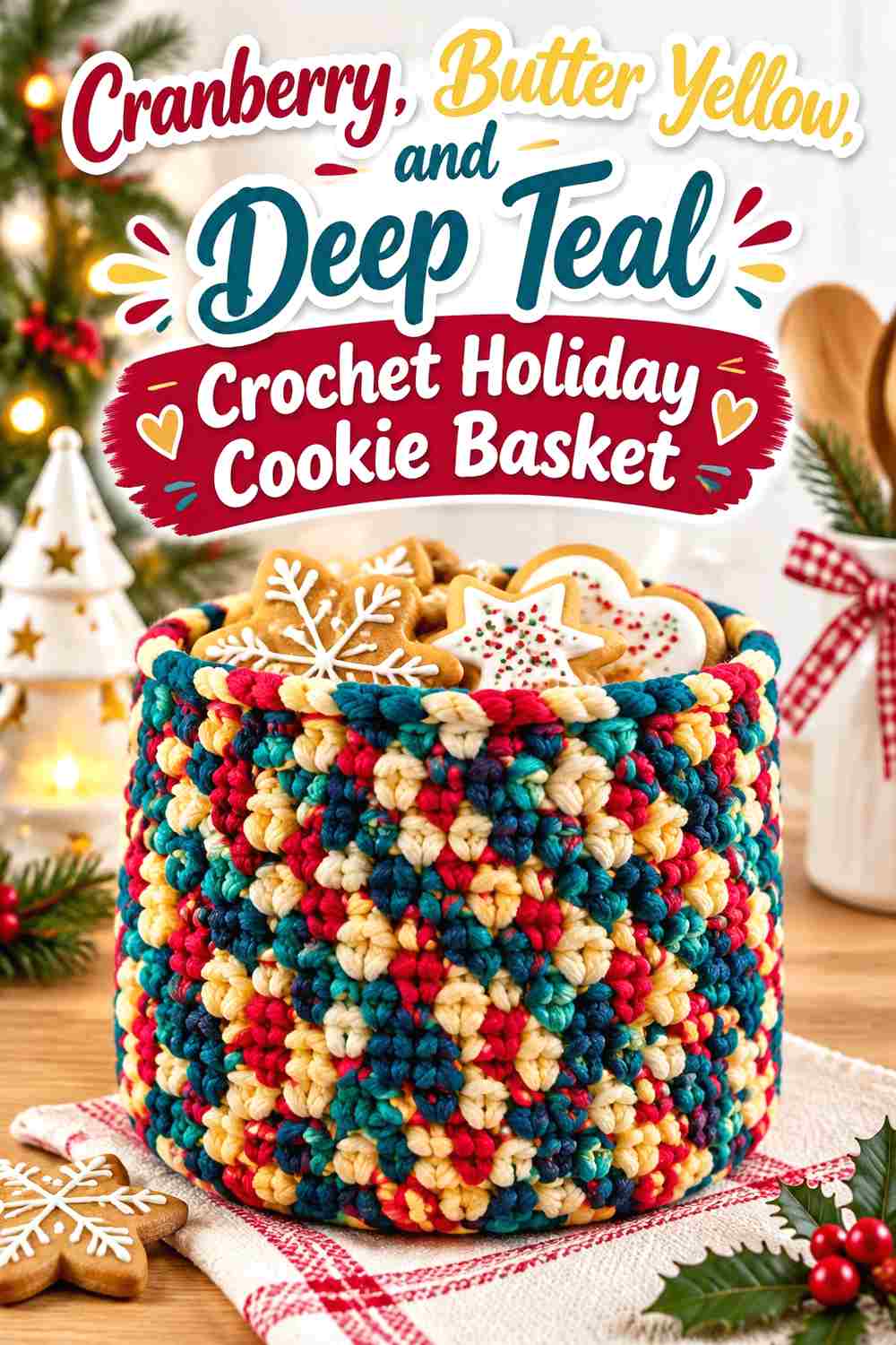 10. Cranberry Butter Yellow And Deep Teal Crochet Holiday Cookie Basket