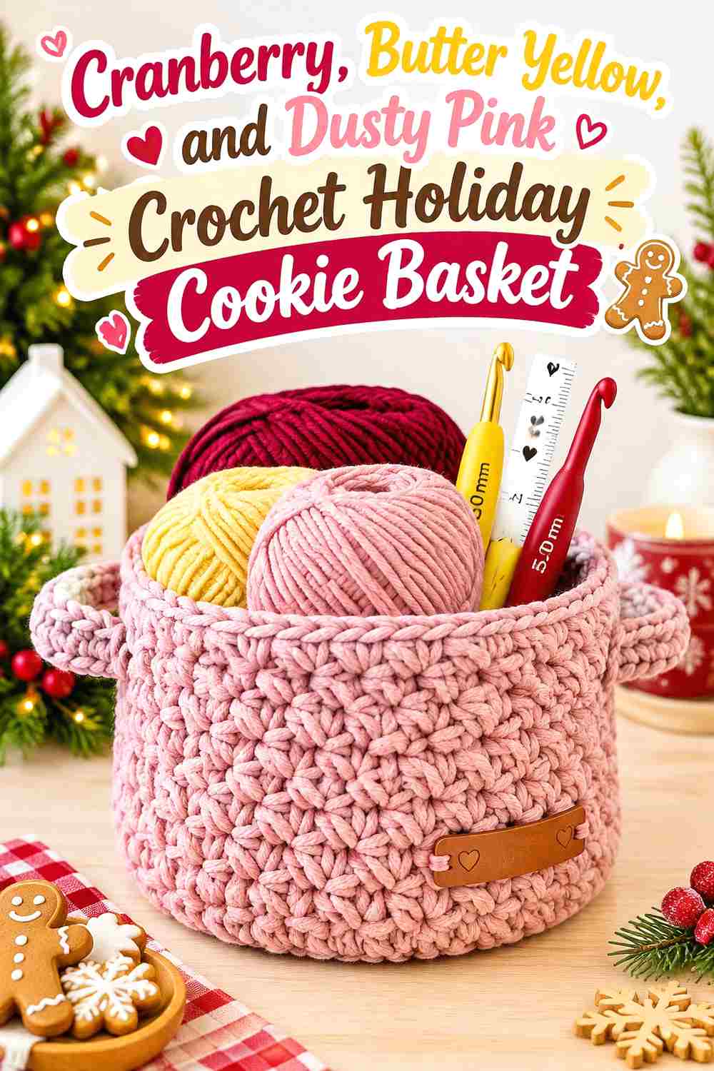 9. Cranberry Butter Yellow And Dusty Pink Crochet Holiday Cookie Basket