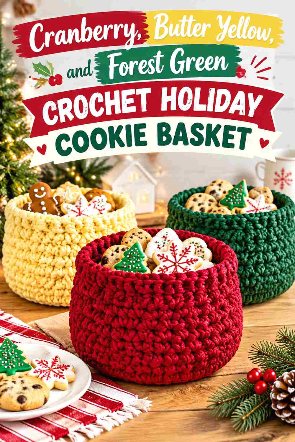 3. Cranberry Butter Yellow And Forest Green Crochet Holiday Cookie Basket