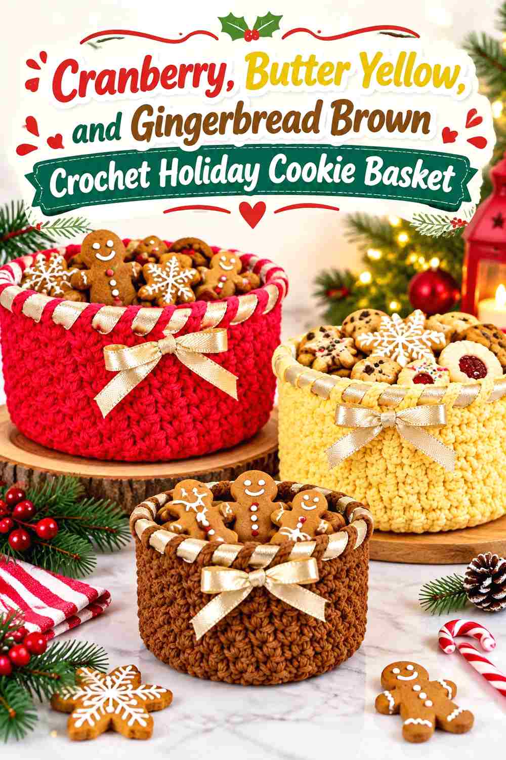 2. Cranberry Butter Yellow And Gingerbread Brown Crochet Holiday Cookie Basket