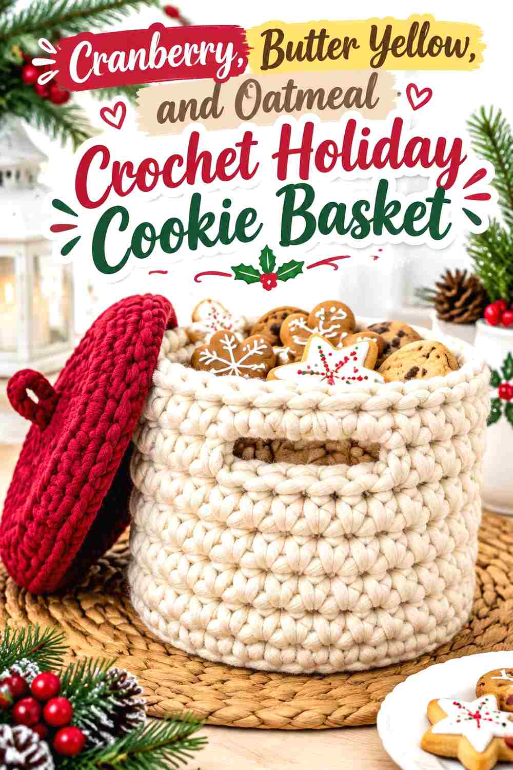 4. Cranberry Butter Yellow And Oatmeal Crochet Holiday Cookie Basket
