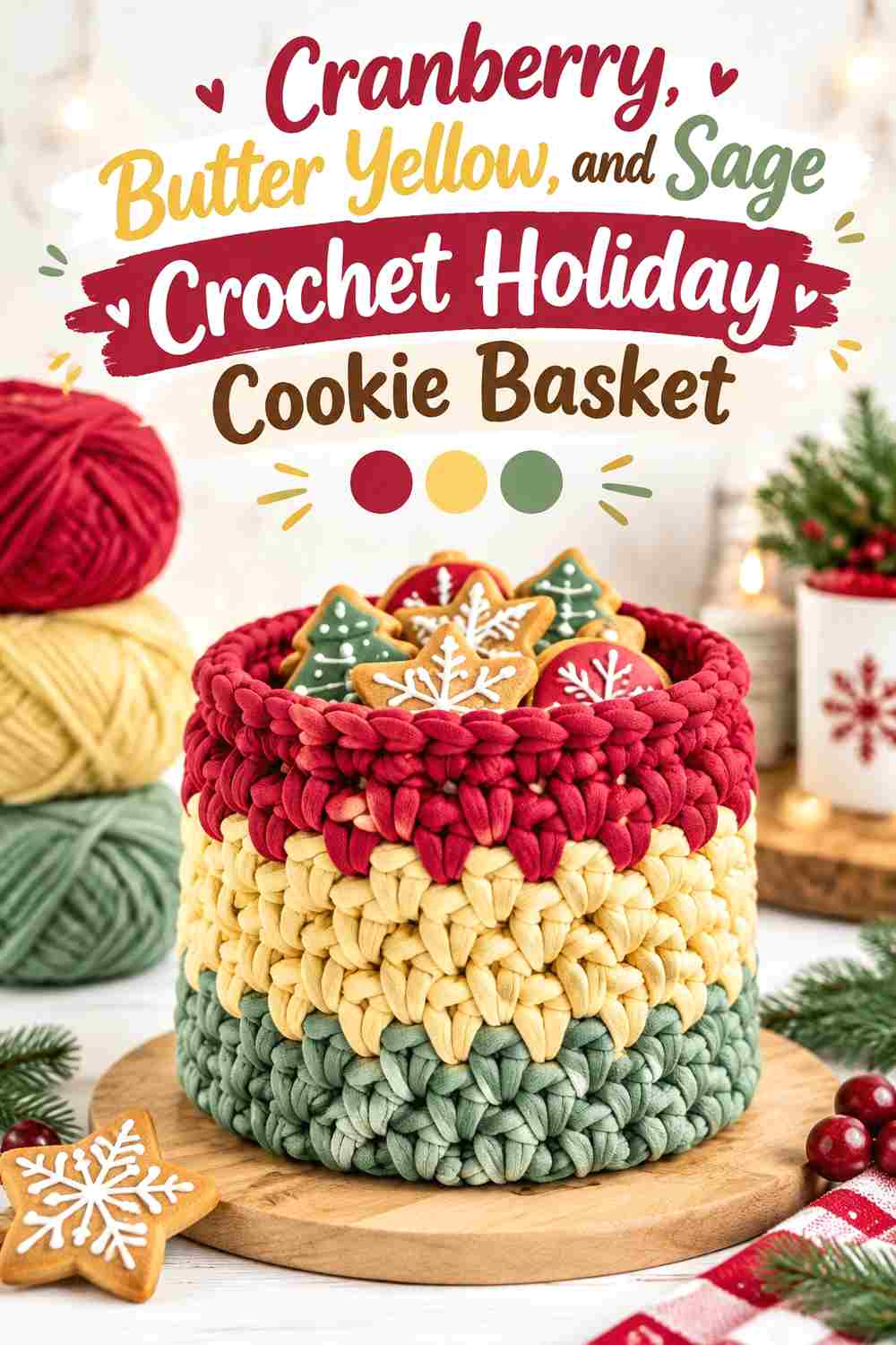 7. Cranberry Butter Yellow And Sage Crochet Holiday Cookie Basket