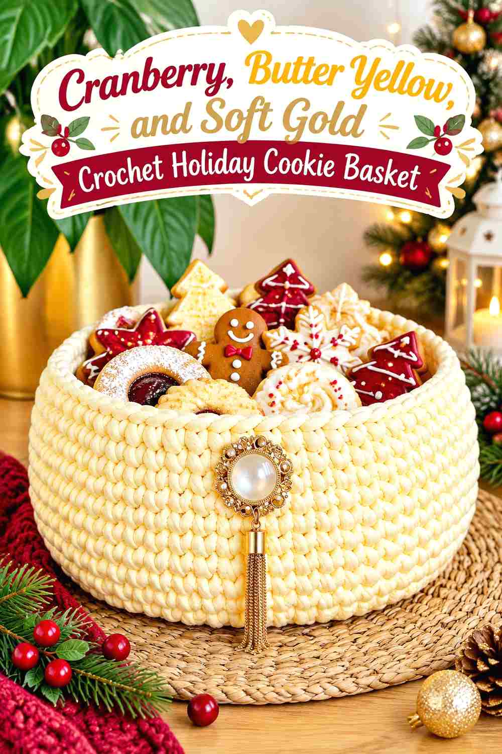 15. Cranberry Butter Yellow And Soft Gold Crochet Holiday Cookie Basket