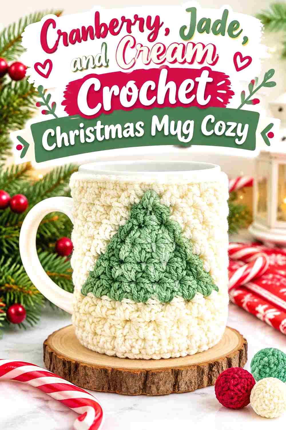 6. Cranberry Jade And Cream Crochet Christmas Mug Cozy
