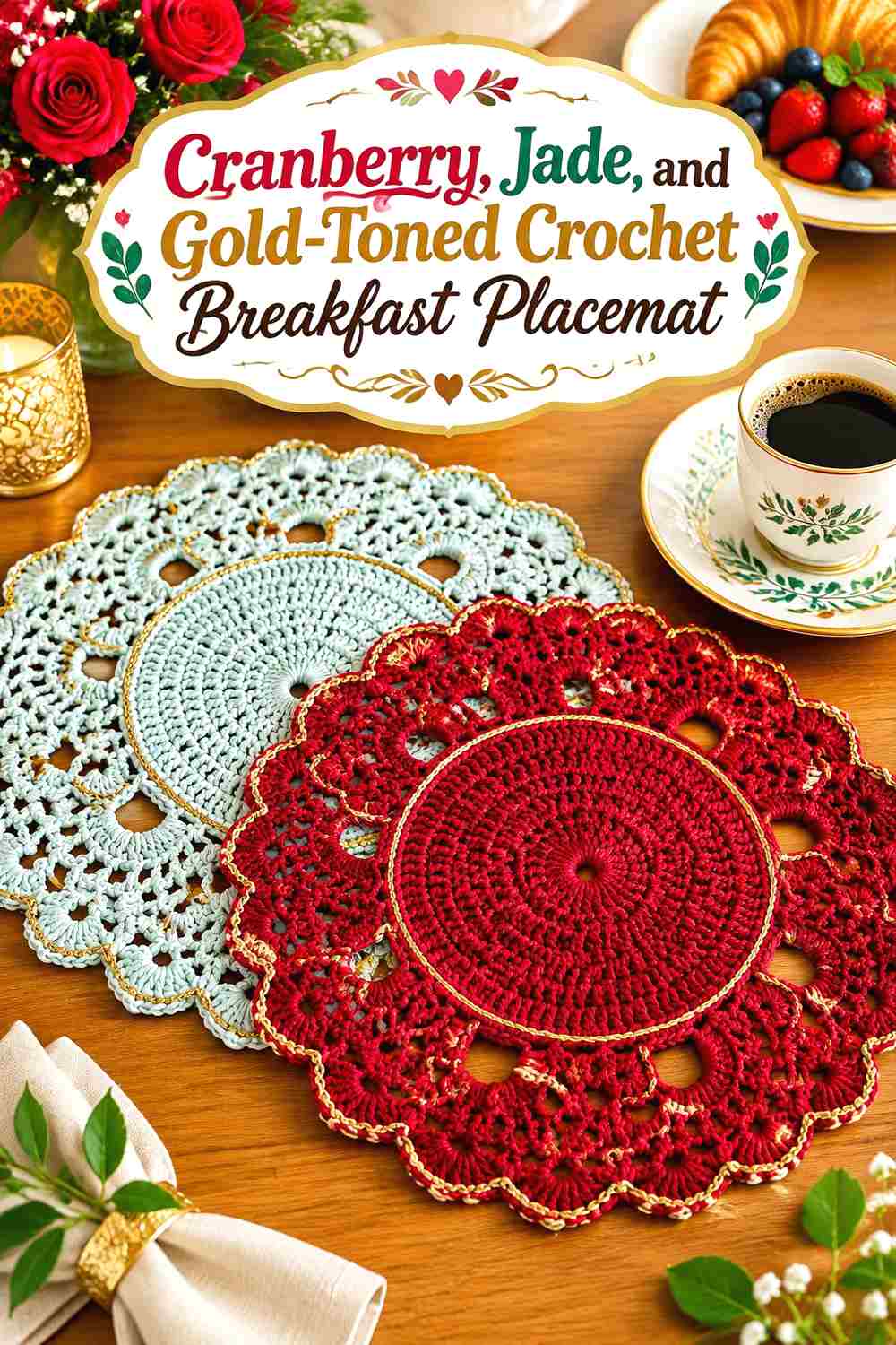11. Cranberry Jade And Gold Toned Crochet Breakfast Placemat