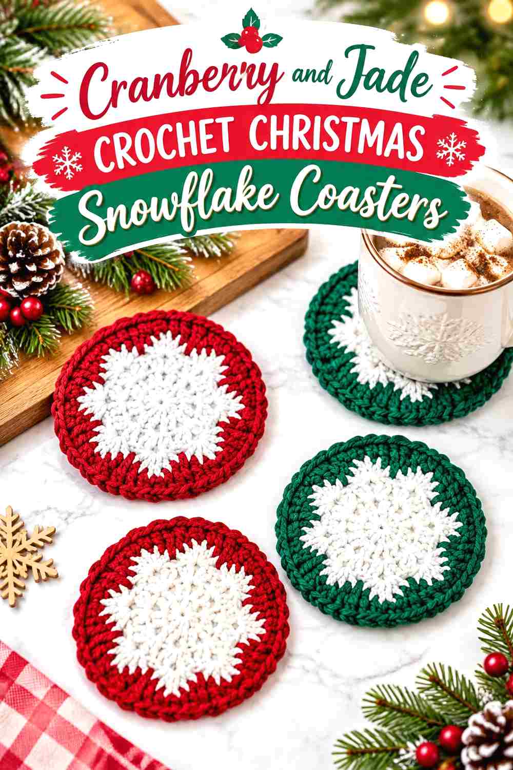 9. Cranberry And Jade Crochet Christmas Snowflake Coasters