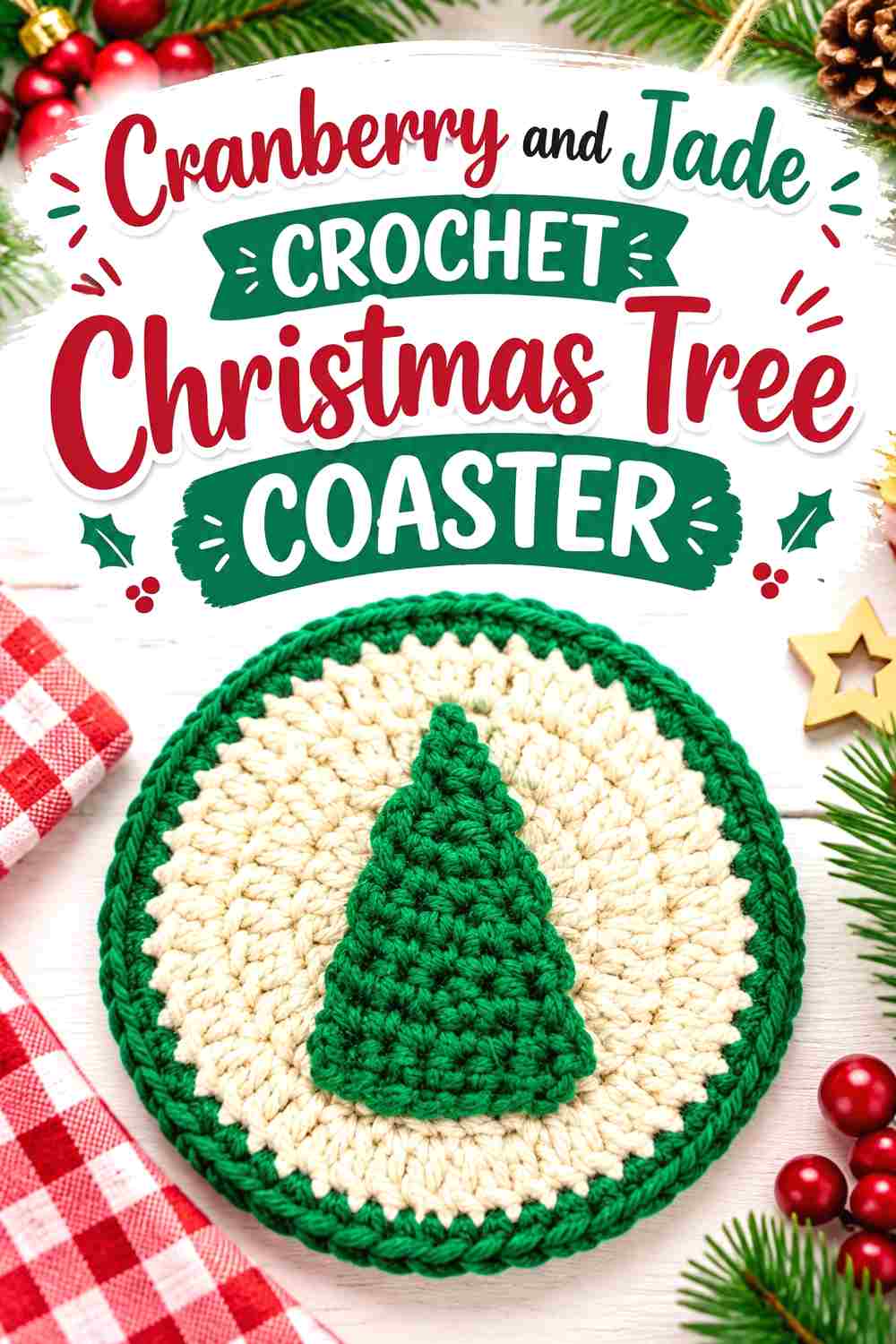 2. Cranberry And Jade Crochet Christmas Tree Coaster