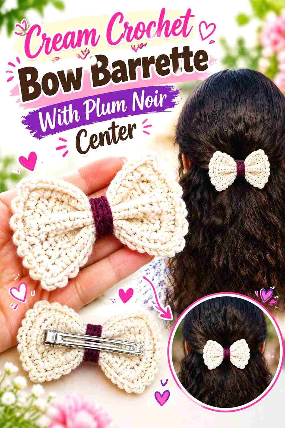 2. Cream Crochet Bow Barrette With Plum Noir Center