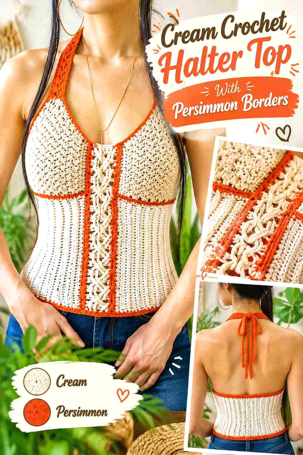 2. Cream Crochet Halter Top With Persimmon Borders