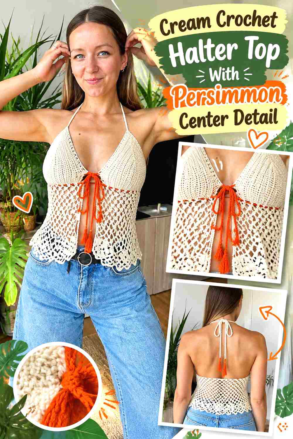 7. Cream Crochet Halter Top With Persimmon Center Detail