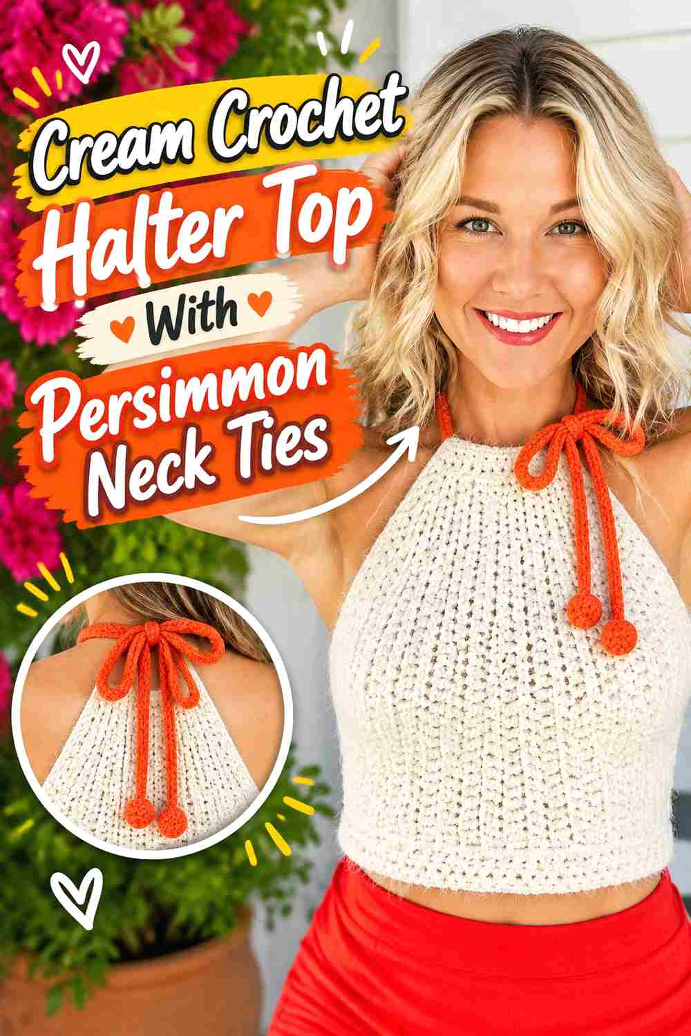 4. Cream Crochet Halter Top With Persimmon Neck Ties