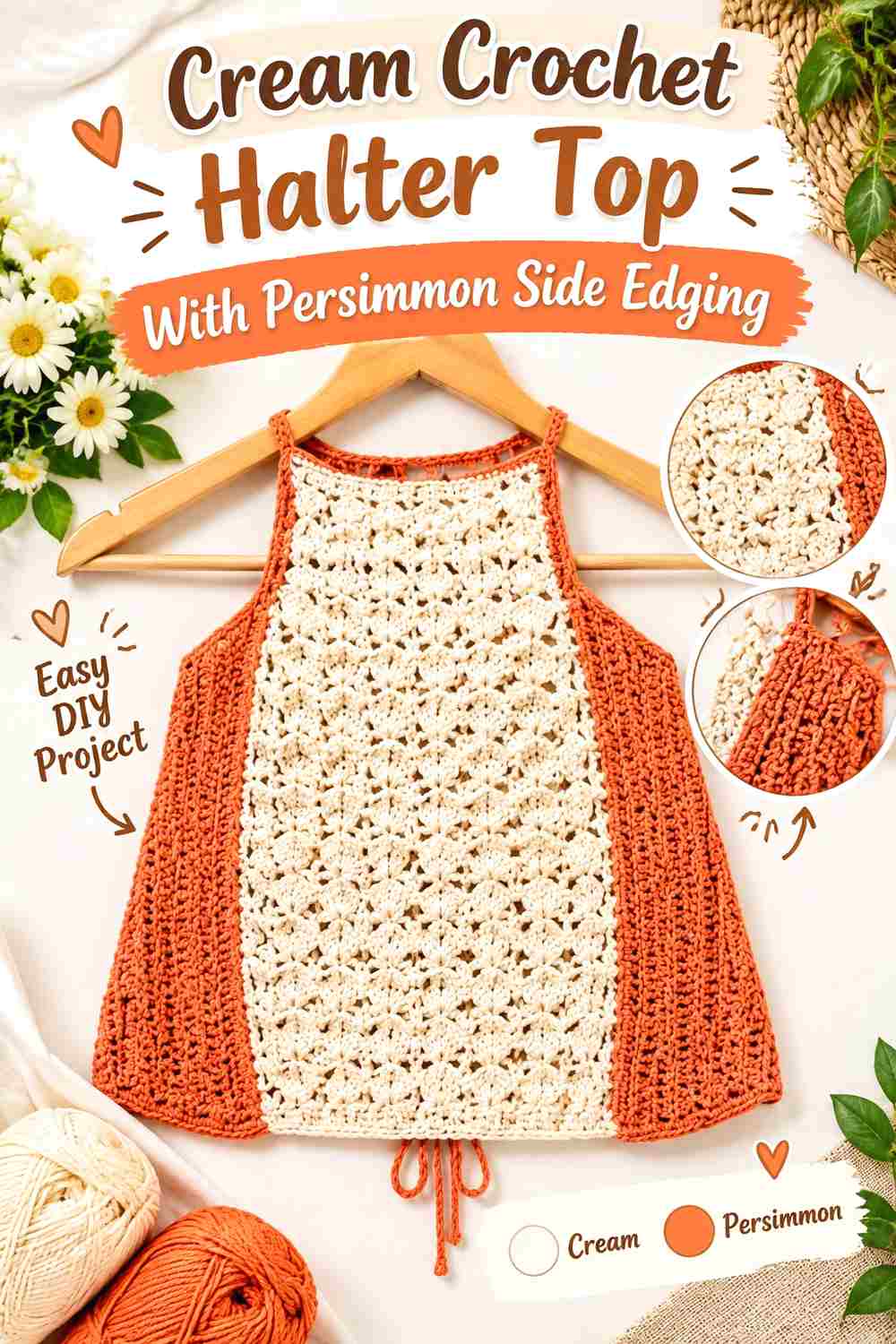 12. Cream Crochet Halter Top With Persimmon Side Edging