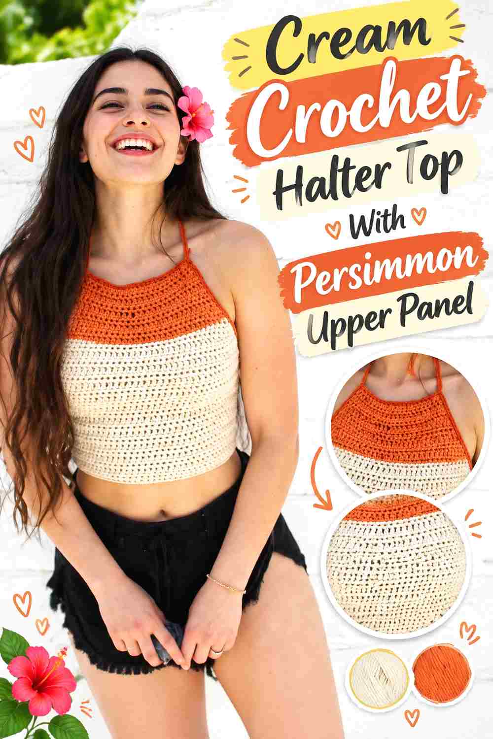 10. Cream Crochet Halter Top With Persimmon Upper Panel