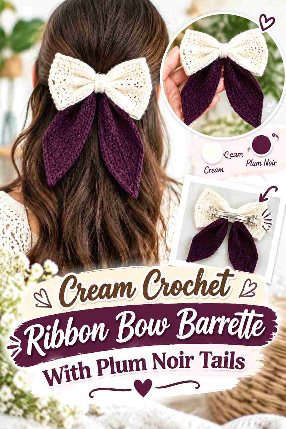 5. Cream Crochet Ribbon Bow Barrette With Plum Noir Tails