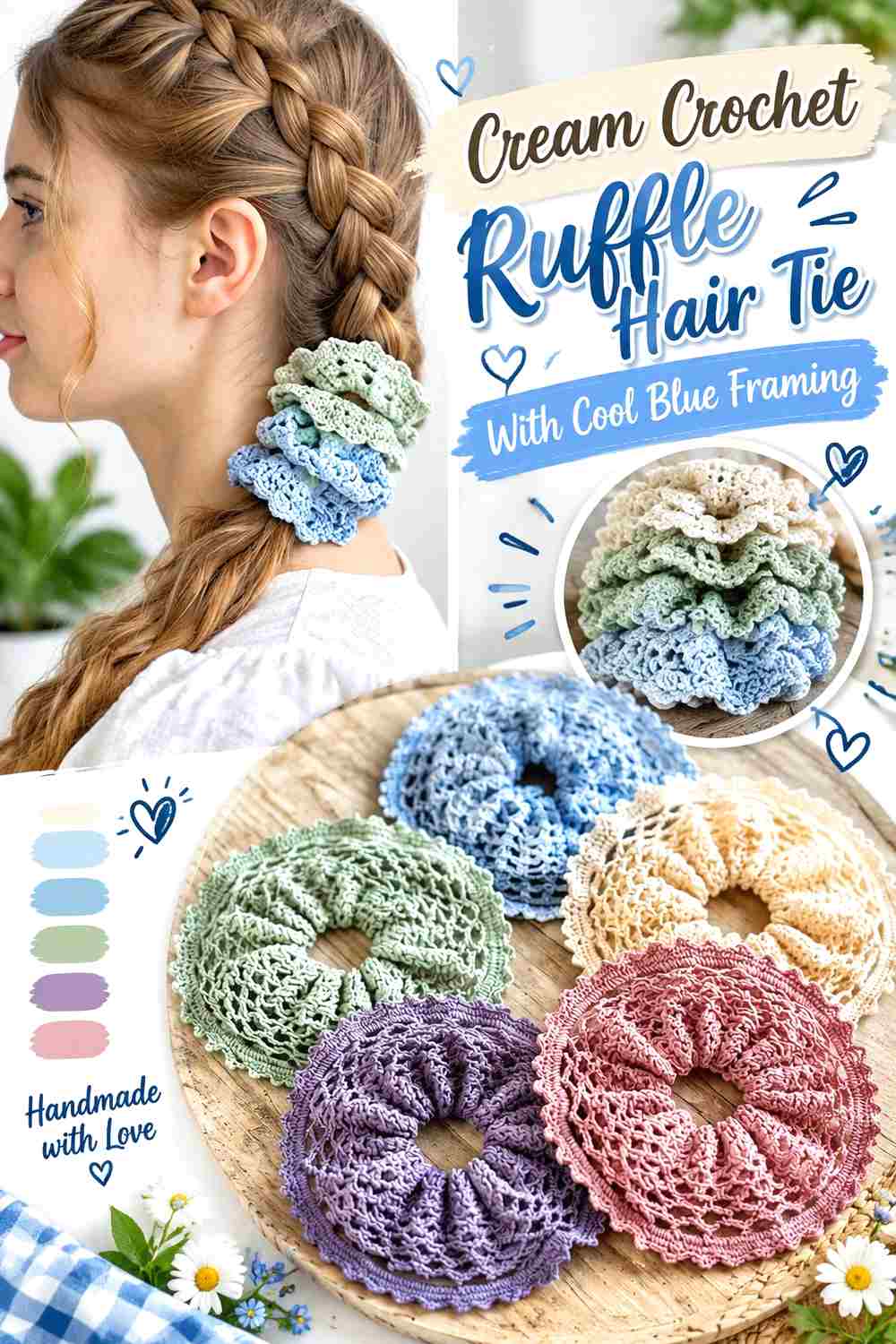 10. Cream Crochet Ruffle Hair Tie With Cool Blue Framing