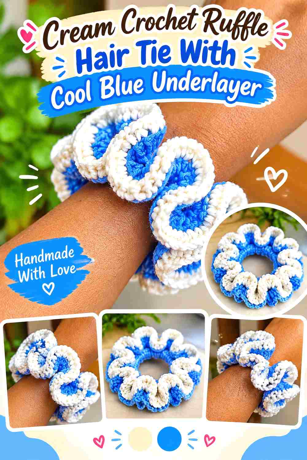 7. Cream Crochet Ruffle Hair Tie With Cool Blue Underlayer