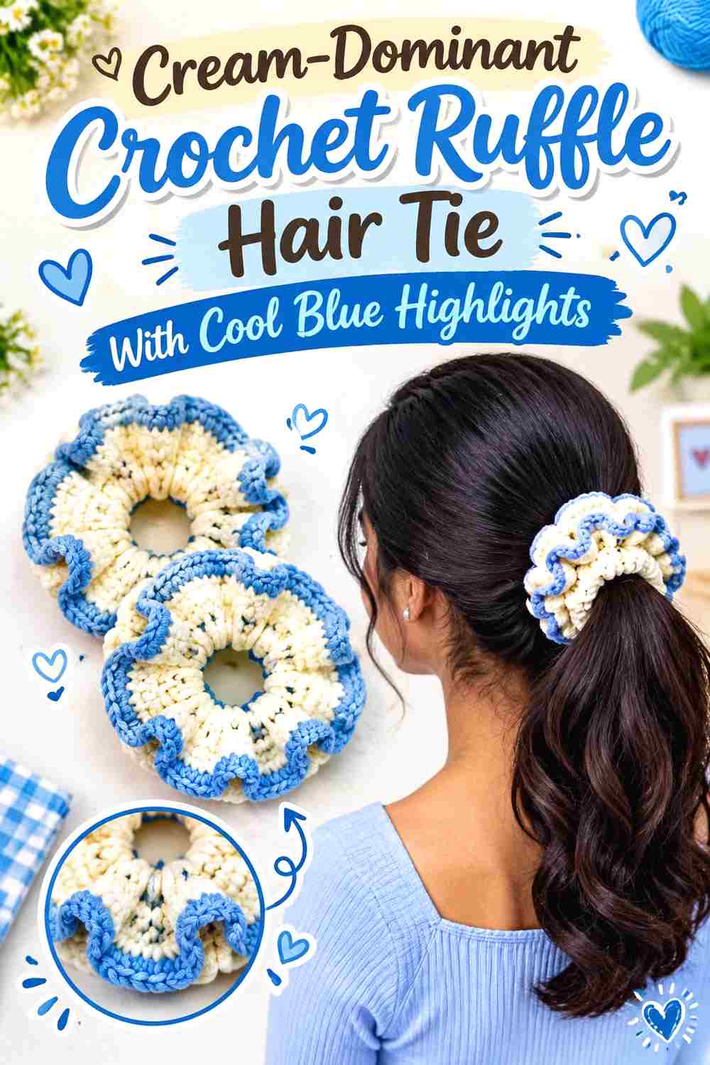 13. Cream Dominant Crochet Ruffle Hair Tie With Cool Blue Highlights
