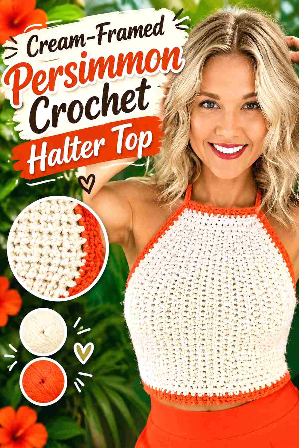 15. Cream Framed Persimmon Crochet Halter Top
