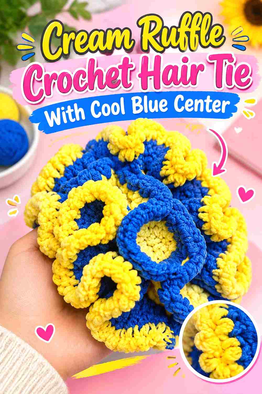 4. Cream Ruffle Crochet Hair Tie With Cool Blue Center