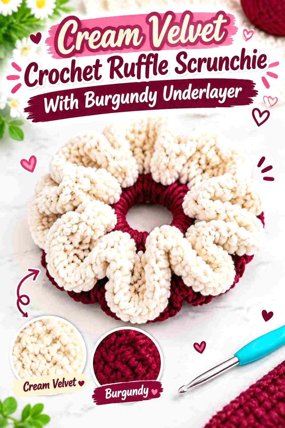 7. Cream Velvet Crochet Ruffle Scrunchie With Burgundy Underlayer
