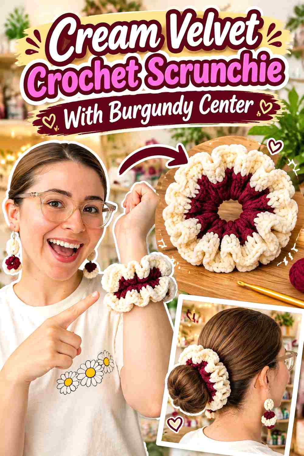 4. Cream Velvet Crochet Scrunchie With Burgundy Center