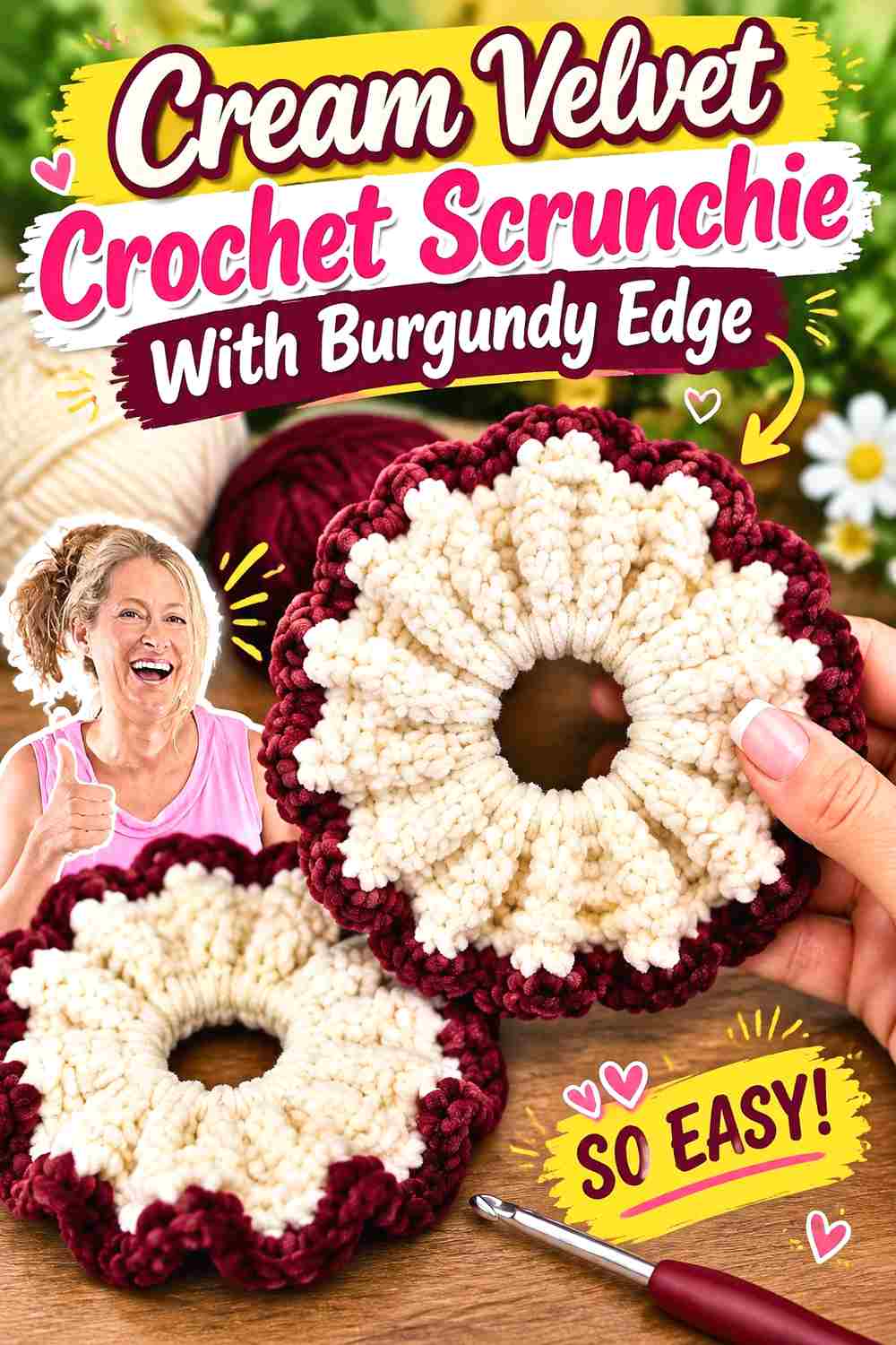 2. Cream Velvet Crochet Scrunchie With Burgundy Edge