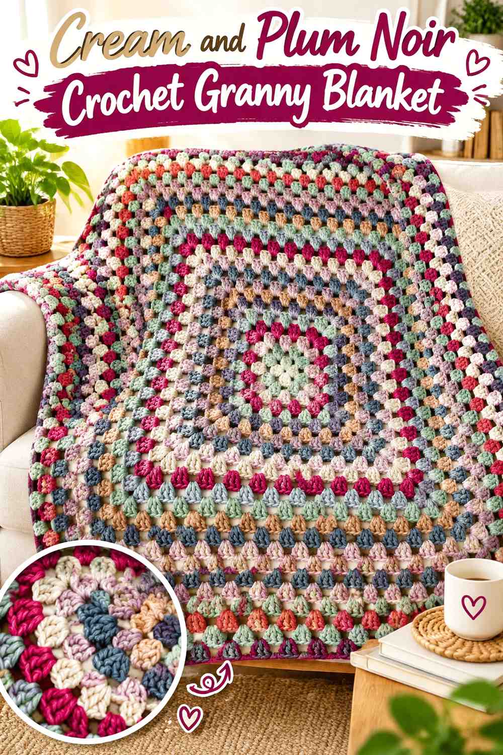 4. Cream And Plum Noir Crochet Granny Blanket