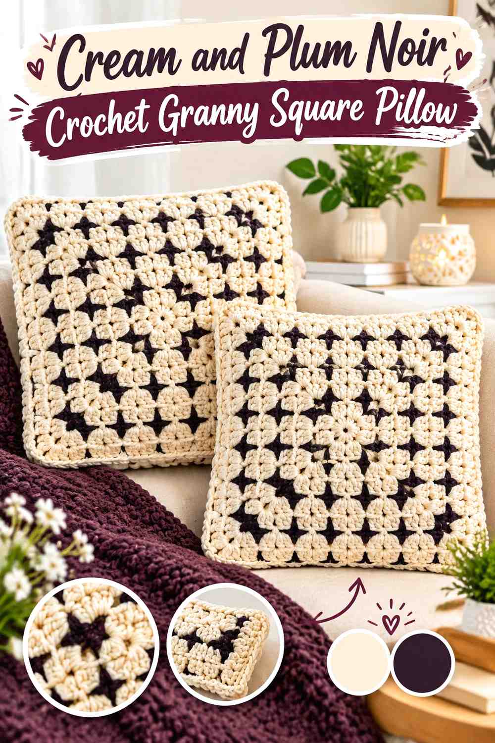 1. Cream And Plum Noir Crochet Granny Square Pillow