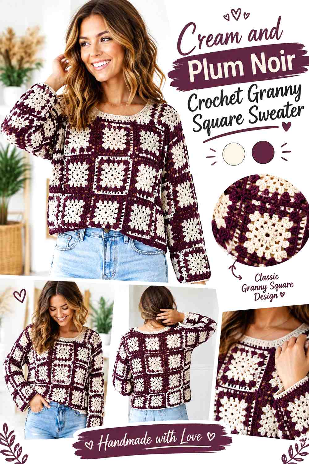 13. Cream And Plum Noir Crochet Granny Square Sweater
