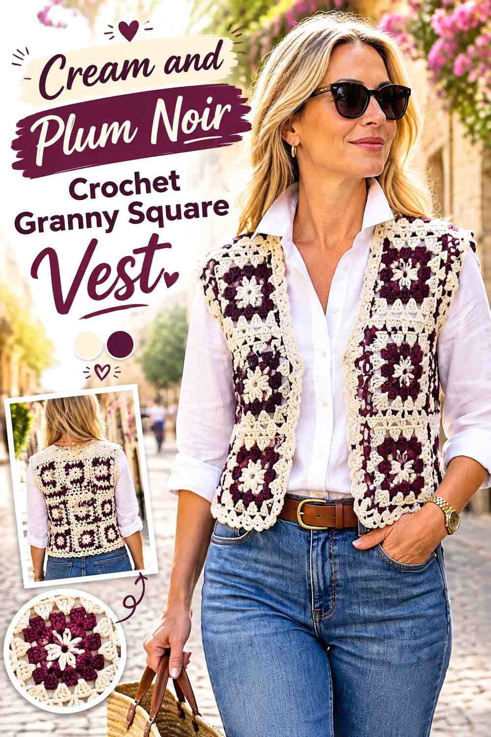 7. Cream And Plum Noir Crochet Granny Square Vest