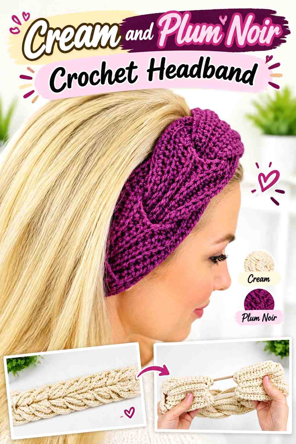 9. Cream And Plum Noir Crochet Headband