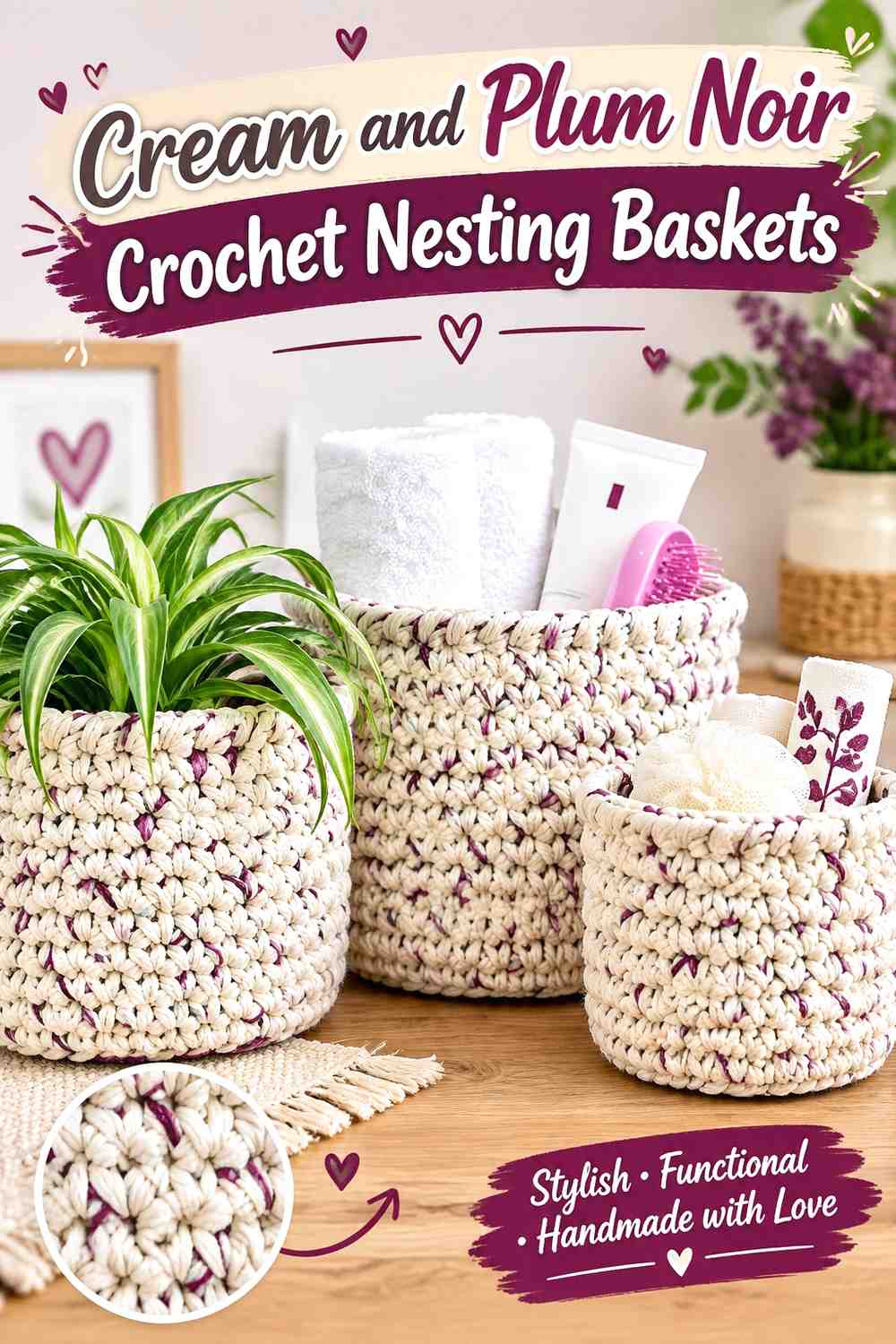 11. Cream And Plum Noir Crochet Nesting Baskets
