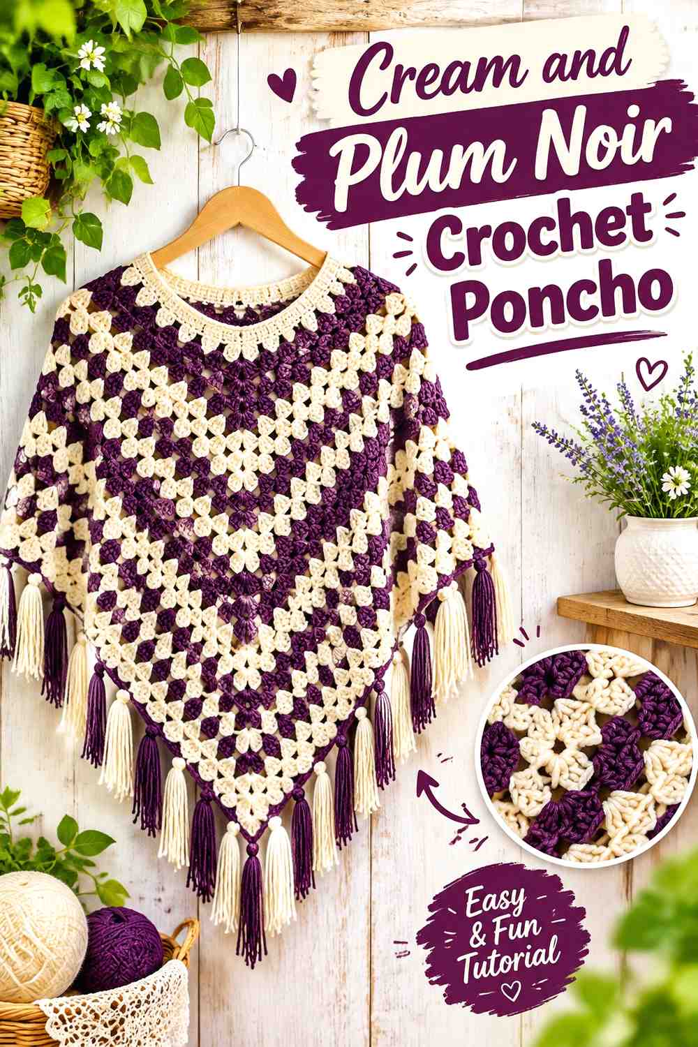 16. Cream And Plum Noir Crochet Poncho