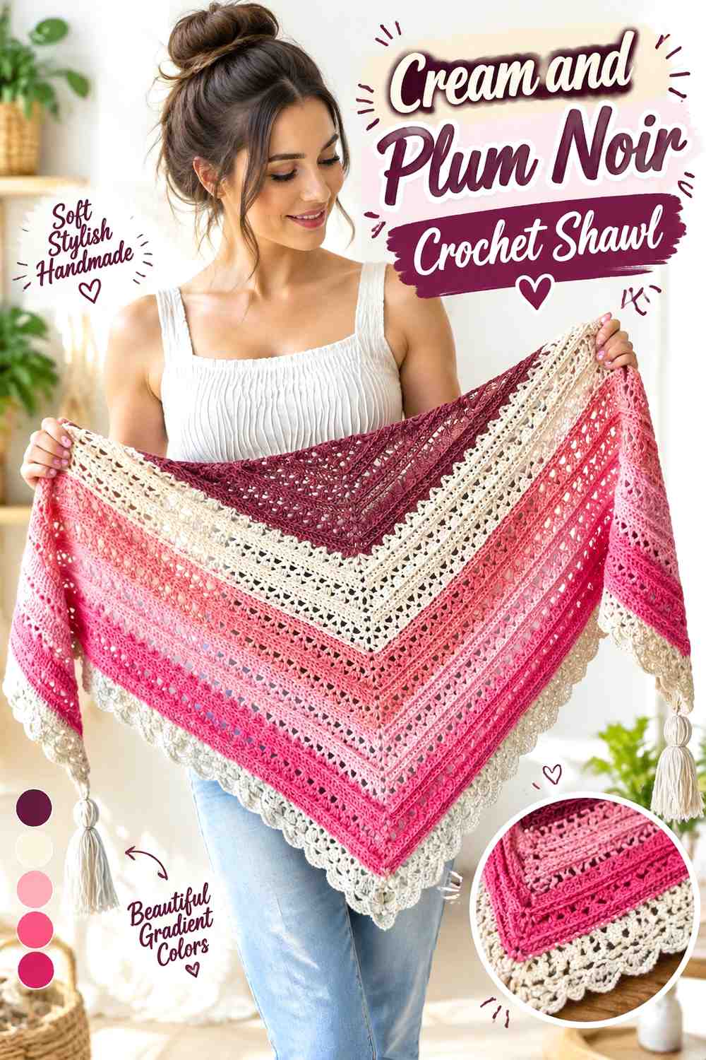 10. Cream And Plum Noir Crochet Shawl