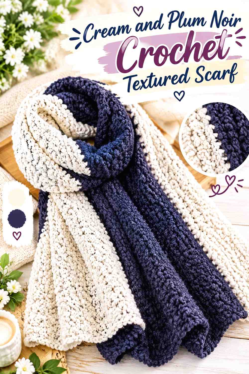 6. Cream And Plum Noir Crochet Textured Scarf