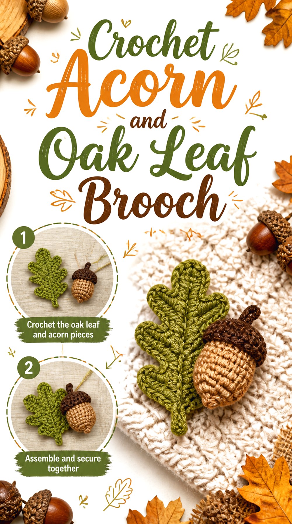 Crochet Acorn and Oak Leaf Brooch