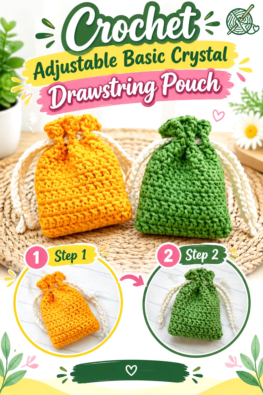 Crochet Adjustable Basic Crystal Drawstring Pouch