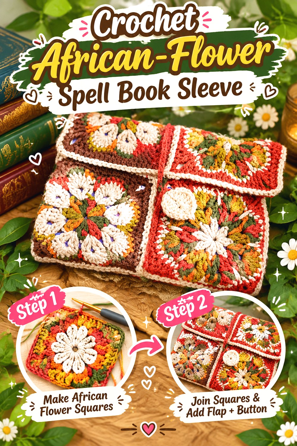 Crochet African Flower Spell Book Sleeve