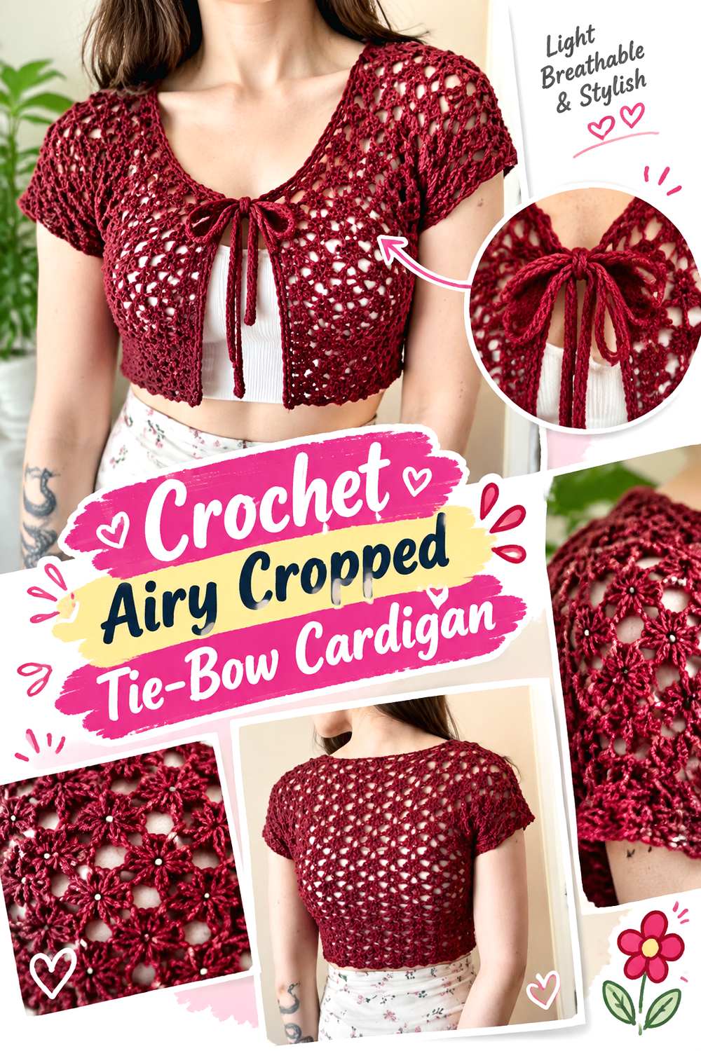 Crochet Airy Cropped Tie Bow Cardigan