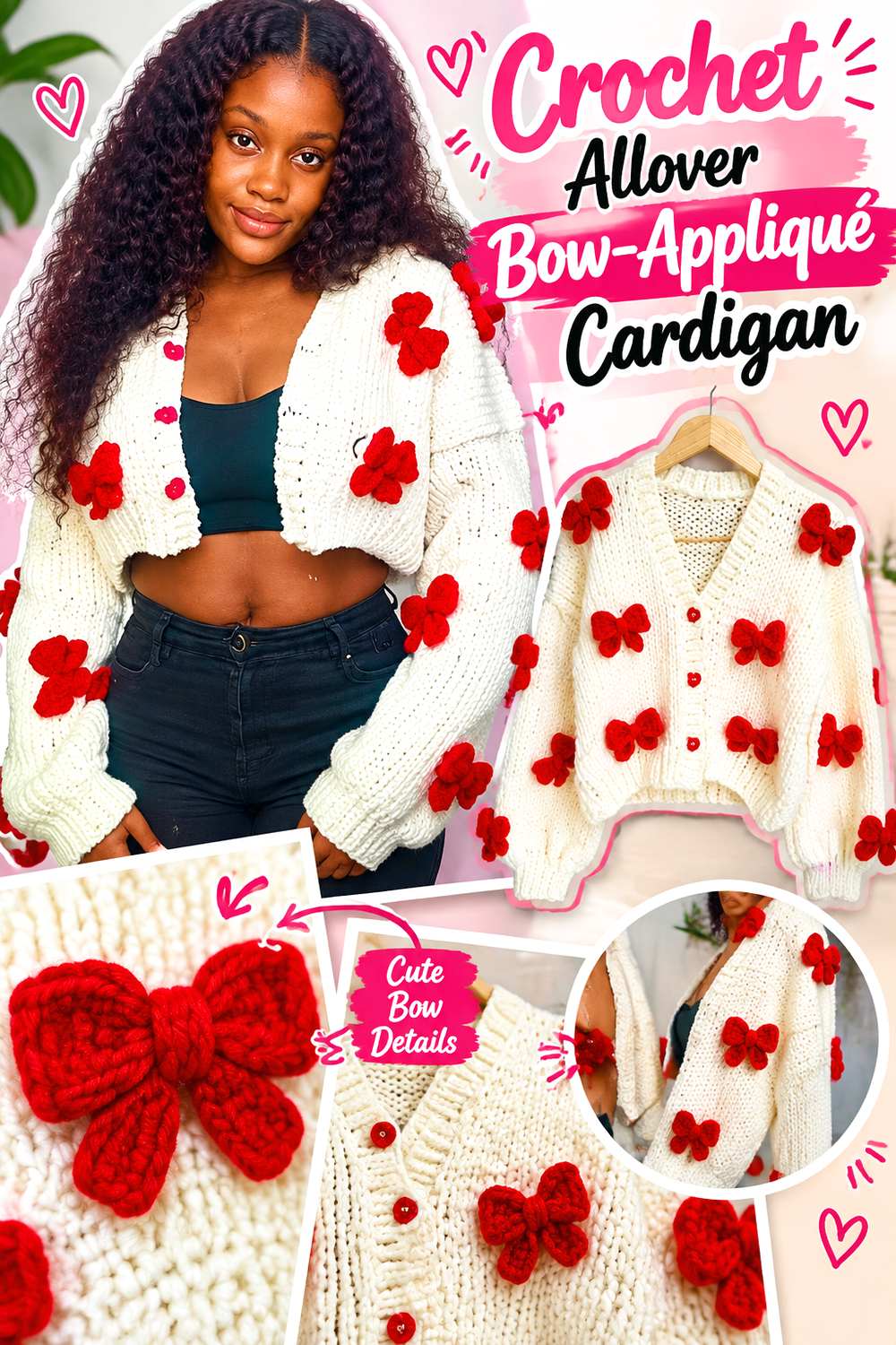 Crochet Allover Bow Appliqué Cardigan