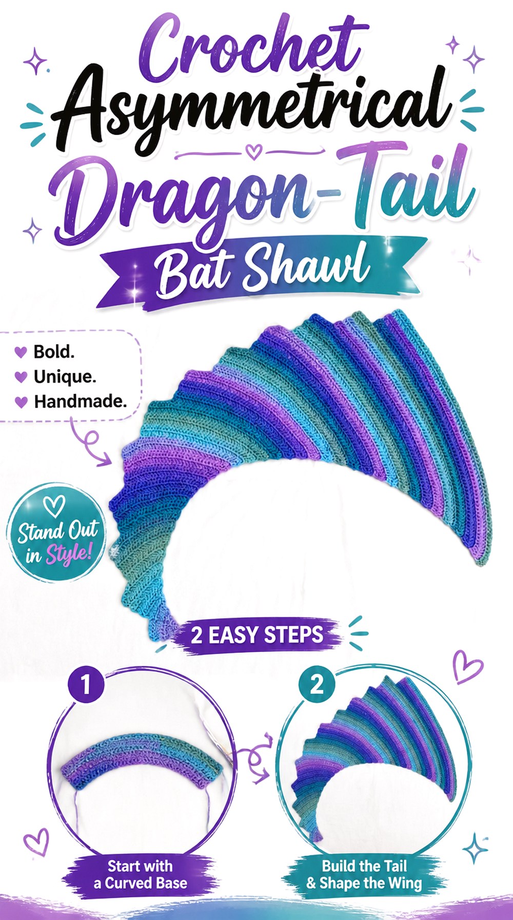 Crochet Asymmetrical Dragon Tail Bat Shawl