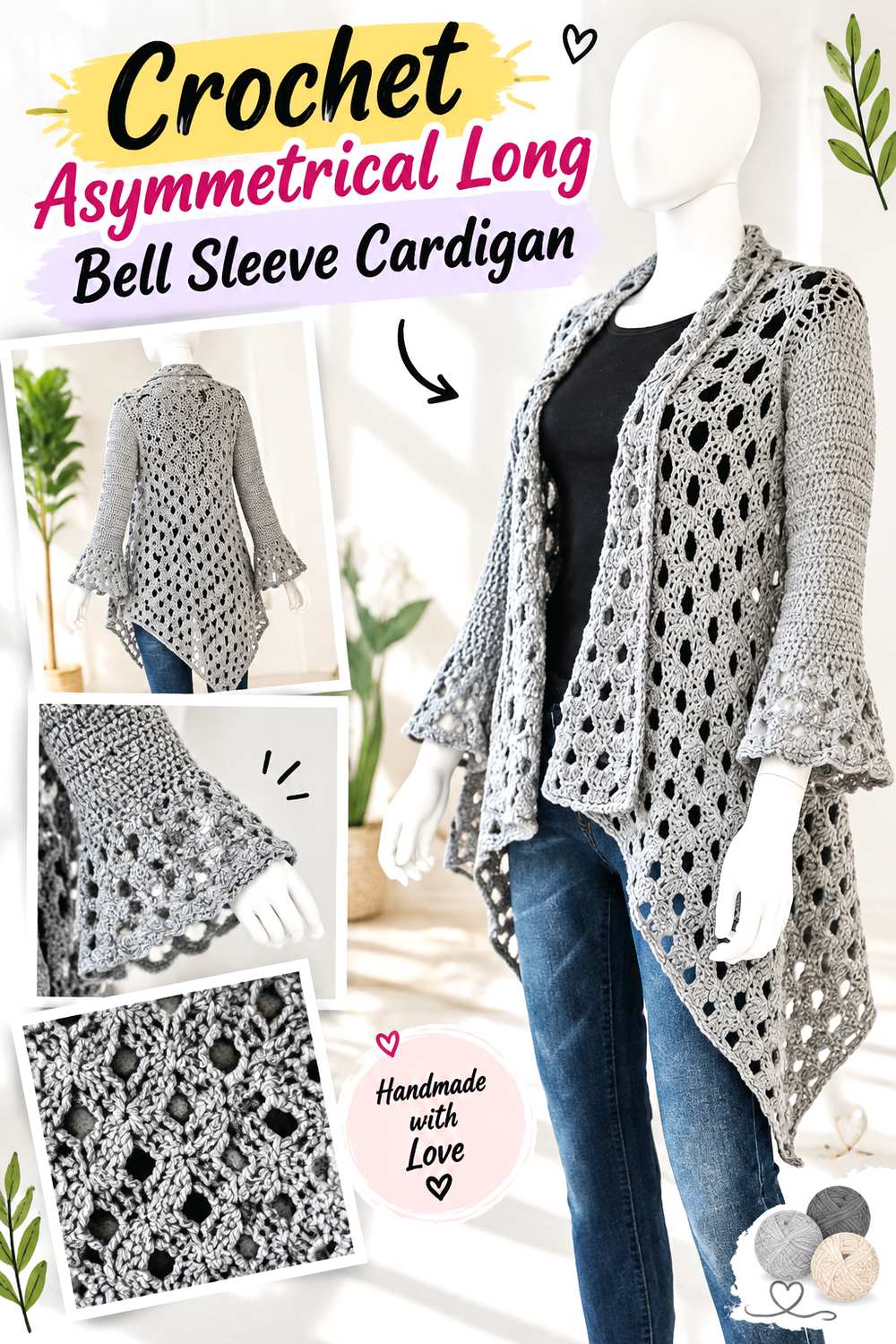 Crochet Asymmetrical Long Bell Sleeve Cardigan