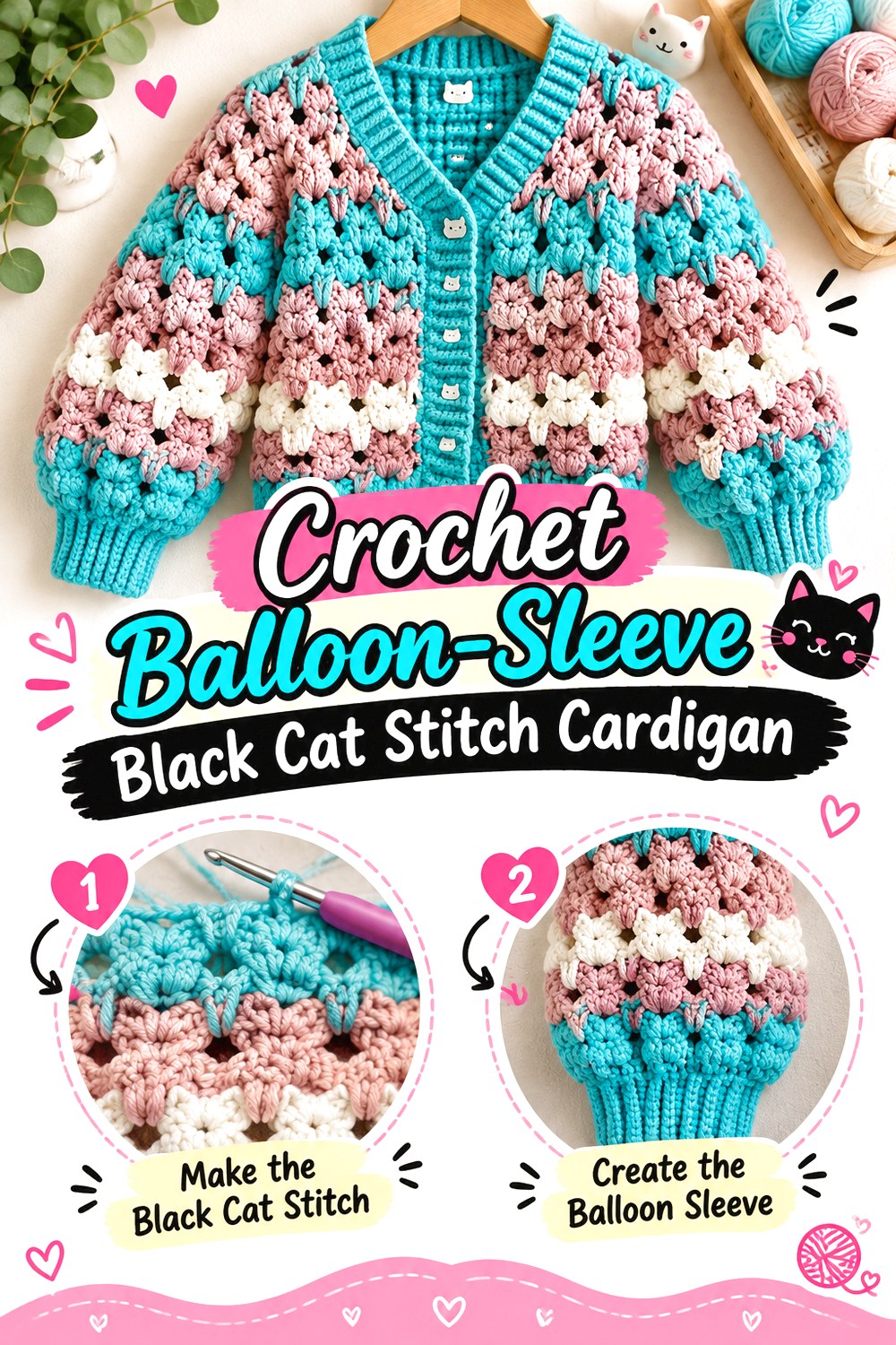 Crochet Balloon Sleeve Black Cat Stitch Cardigan